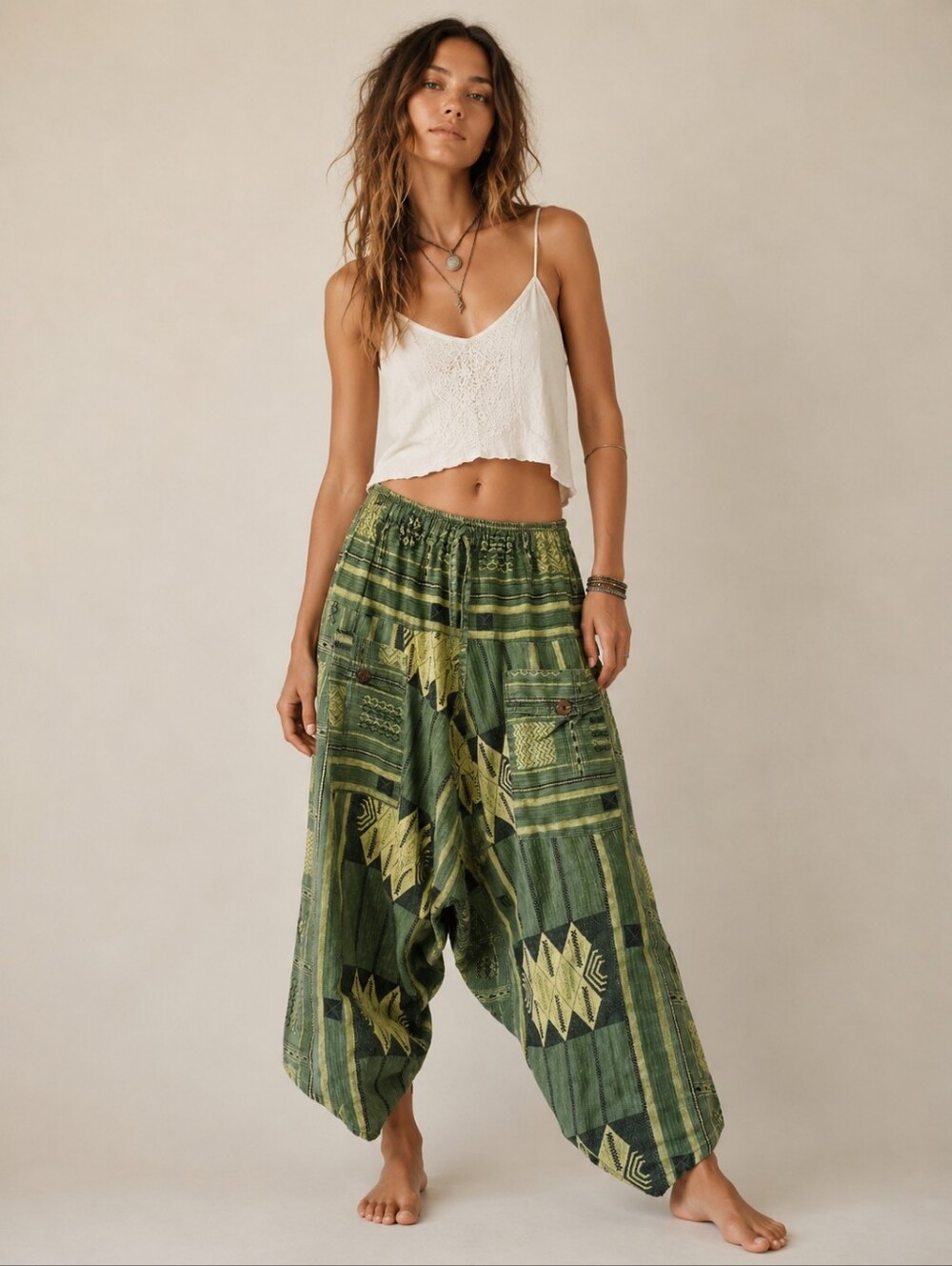Boho Harem Pants Tribal Print Size S/M Green Wide Leg Yogi Lounge Pants
